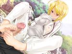  1girl barefoot blonde_hair breast_slip breasts censored classy_cranberry's day feet footjob game_cg gloves happoubi_jin hetero honda_rei kujou_tsubasa lube mosaic_censoring naughty_face nipples one_breast_out outdoors pants penis pinky_out red_eyes short_hair sitting small_breasts toes 