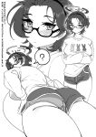  1girl ? absurdres arms_under_breasts ass ass_focus blue_archive blush breasts chihiro_(blue_archive) chihiro_(pajamas)_(blue_archive) commentary_request crossed_arms dolphin_shorts forehead glasses greyscale halo highres large_breasts looking_at_viewer monochrome multiple_views official_alternate_costume one_side_up panties_under_shorts panties_visible_through_clothes semi-rimless_eyewear short_hair short_shorts shorts spoken_question_mark thighs translation_request under-rim_eyewear ushimochi 