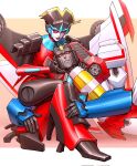  1boy 1girl airplane_wing blue_eyes colored_skin high_heels highres humanoid_robot joints lying_on_person mecha mechanical_wings metal_skin red_eyes red_lips robot robot_girl science_fiction sir_garrowman starscream the_transformers_(idw) thighs transformers windblade wings 