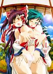  blush hakurei_reimu hand_in_panties haruhina_purple hug hug_from_behind kochiya_sanae multiple_girls no_pants one_eye_closed panties touhou underwear yuri 