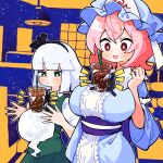  2girls :/ balancing black_bow black_bowtie black_hairband black_ribbon blue_hat blue_kimono blush bow bowtie breasts bright_pupils bubble_tea_challenge closed_mouth collared_shirt commentary cup disposable_cup frilled_kimono frills gram_9 green_eyes green_skirt green_vest grey_hair hairband hat highres hitodama japanese_clothes kimono konpaku_youmu konpaku_youmu_(ghost) large_breasts long_sleeves mob_cap multiple_girls neck_ribbon obi obijime open_mouth pink_eyes pink_hair purple_sash red_eyes ribbon saigyouji_yuyuko sash shirt skirt skirt_set sleeve_garter smile touhou triangular_headpiece vest white_pupils white_shirt 