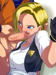  1girl android_18 banned_artist blonde_hair blue_eyes breast_press breasts censored dragon_ball dragon_ball_z earrings gloves hand_on_head hetero highres jewelry large_breasts mosaic_censoring necklace penis raburebo sweat 