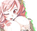 bad_id bad_pixiv_id breasts close-up copyright_request face hage lactation large_breasts nipples oekaki one_eye_closed open_mouth orange_hair smile solo topless 