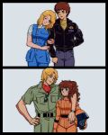  1boy 1girl aeug amuro_ray beltorchika_irma blonde_hair blue_eyes breasts brown_hair genderswap genderswap_(ftm) genderswap_(mtf) gundam helmet highres holding jacket long_hair long_sleeves mecha_pilot_suit military military_uniform normal_suit_(gundam) open_mouth pants ponytail science_fiction shirt short_hair smile sunglasses yy0880yy zeta_gundam 