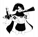  1girl axe battle_axe cape cowboy_shot hand_on_hip holding holding_axe kantai_collection monochrome open_mouth pleated_skirt ponytail school_uniform serafuku shikinami_(kantai_collection) skirt smile solo toda_kazuki weapon 