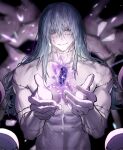  1boy abs absurdres blue_hair crystal da_re666 floating floating_object gem hair_down heterochromia highres jujutsu_kaisen long_hair mahito_(jujutsu_kaisen) male_focus pale_skin purple_gemstone solo soul_gem stitched_arm stitched_face stitched_neck stitches toned toned_male 