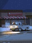  2025 ambiguous_gender anthro black_body black_fur box car container domestic_cat driving easy_delivery_co. felid feline felis fur headlight hi_res mammal matwvv night snow snowflake solo truck vehicle white_eyes 