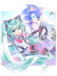  1girl animal_ear_headphones animal_ears aqua_hair black_gloves car car_interior cat_ear_headphones cat_ears elbow_gloves fake_animal_ears furry furry_male gloves hatsune_miku headphones highres kei_(keigarou) long_hair motor_vehicle seatbelt solo sonic_(series) sonic_racing:_crossworlds sonic_the_hedgehog steering_wheel twintails very_long_hair vocaloid white_gloves 