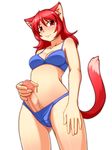  animal_ears blue_bra blue_panties bra breasts cameltoe cat_ears cat_tail censored cleavage futanari highres lingerie long_hair medium_breasts navel no_testicles nokoppa original outline panties penis penis_in_panties precum red_eyes red_hair simple_background solo tail underwear underwear_only white_background 