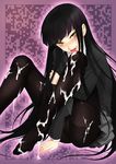  bangs black_hair blunt_bangs blush crotch_seam cum cum_in_mouth cum_on_body cum_on_clothes cum_on_lower_body cumdrip facial female_protagonist_(houkago_play) highres houkago_play leg_hug legs licking long_hair mumu naughty_face open_mouth panties panties_under_pantyhose pantyhose school_uniform sitting skirt smile solo tongue underwear very_long_hair yellow_eyes 