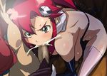  1girl angry artist_request bikini_top breasts censored clothed_male_nude_female covered_nipples cum cum_in_mouth fellatio hair_ornament hetero kamina large_breasts naked_scarf nude oral penis pink_legwear scarf skull_hair_ornament tengen_toppa_gurren_lagann thighhighs yoko_littner 