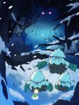  abomasnow absurdres evolutionary_line flower glowing glowing_eyes highres night outdoors pine_tree pink_eyes pokemon pokemon_(creature) snover snow taplaos tree white_flower 