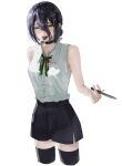  absurdres black_hair black_ribbon black_shorts black_thighhighs blood blood_on_clothes blood_on_face chainsaw_man collared_shirt green_eyes hair_between_eyes hair_bun highres holding holding_knife knife looking_at_viewer neck_ribbon reze_(chainsaw_man) ribbon severed_tongue shirt shirt_tucked_in shorts simple_background sleeveless sleeveless_shirt thighhighs ushi_yo white_background white_shirt 