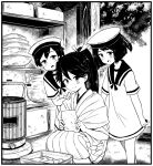  3girls commentary_request daitou_(kantai_collection) dress hair_ribbon hakama_skirt hat hiburi_(kantai_collection) houshou_(kantai_collection) kantai_collection monochrome multiple_girls open_mouth ponytail ribbon sailor_dress sailor_hat shelf smile squatting toda_kazuki tree 