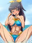  ahoge baanin bad_id bad_pixiv_id bangs bikini black_hair blue_bikini blush breast_slip breasts criss-cross_halter crying day ganaha_hibiki hair_ribbon halter_top halterneck horizon idolmaster idolmaster_(classic) long_hair medium_breasts navel nipple_slip nipples nose_blush ocean one_breast_out open_mouth outdoors partially_visible_vulva ponytail pubic_hair pubic_hair_peek ribbon sitting sky solo spread_legs swimsuit tears wardrobe_malfunction water wedgie wet yellow_ribbon 