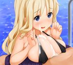  blonde_hair blue_eyes blush breast_squeeze breasts censored covered_nipples cum cum_on_body cum_on_breasts cum_on_upper_body facial kaisen_chuui large_breasts original paizuri paizuri_under_clothes penis pointless_censoring pool pool_ladder smile solo_focus swimsuit 