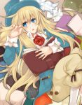  1girl blonde_hair blue_eyes blue_hat blush_stickers book fingernails flower hand_up hat hat_feather holding holding_book konoha2014 long_hair open_book open_mouth paper red_flower red_rose rose rune_factory rune_factory_frontier selphy solo top_hat very_long_hair white_sleeve_cuffs 