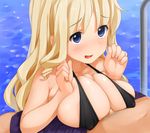  blonde_hair blue_eyes blush breast_squeeze breasts censored covered_nipples kaisen_chuui large_breasts original paizuri paizuri_under_clothes penis pointless_censoring pool pool_ladder smile solo_focus swimsuit 