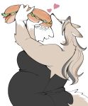 anthro belly breasts canid canine clothed clothing colored_nails dress eating eyes_closed eyeshadow female food fur grey_hair hair heart_symbol hi_res holding_food holding_object holding_sandwich kemono long_hair makeup mammal meg_(suda) nails overweight overweight_anthro overweight_female sandwich_(food) signature simple_background solo submarine_sandwich suda tail tan_body tan_fur tan_hair white_background white_body white_fur