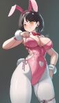  1girl absurdres animal_ear_hairband animal_ears brown_hair clothing_cutout covered_navel fake_animal_ears goddess_of_victory:_nikke hairband heart_cutout highres implied_vibrator leotard milk_(blooming_bunny)_(nikke) milk_(nikke) navel_cutout official_alternate_costume pink_leotard rabbit_ear_hairband rabbit_ears sagle solo undersized_breast_cup vibrator_cord yellow_eyes 