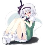  bad_id bad_pixiv_id bare_legs blush crotch_rub ghost hairband katana konpaku_youmu konpaku_youmu_(ghost) masturbation panties pink_panties plus9 purple_eyes pussy_juice short_hair silver_hair socks solo sword touhou underwear weapon wet wet_clothes wet_panties 