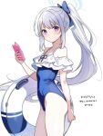  1girl blue_archive blue_halo blue_one-piece_swimsuit bow casual_one-piece_swimsuit covered_navel dated frilled_one-piece_swimsuit frills from_side hair_bow halo hanako_(peanut) highres holding holding_phone long_hair looking_at_viewer miyako_(blue_archive) miyako_(swimsuit)_(blue_archive) off-shoulder_one-piece_swimsuit off_shoulder official_alternate_costume one-piece_swimsuit phone ponytail purple_eyes swim_ring swimsuit white_background white_hair white_innertube 