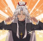  1boy amakusa_shirou_(fate) bangs blush brown_eyes commentary_request cross cross_necklace dark-skinned_male dark_skin double_v earrings emotional_engine_-_full_drive fate/apocrypha fate/grand_order fate_(series) hair_ribbon highres jewelry long_hair long_sleeves looking_at_viewer male_focus mutsu_(621300) necklace official_alternate_hair_length official_alternate_hairstyle parted_bangs ponytail priest red_ribbon ribbon sidelocks smile solo sparkle teeth upper_body v very_long_hair white_hair yellow_eyes 