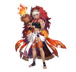  1girl absurdres bandages bandeau bangs bare_legs bare_shoulders breasts chest_sarashi cozy facial_mark fire fire_emblem fire_emblem_fates fire_emblem_heroes flame full_body hair_between_eyes hand_fan head_tilt highres holding holding_fan long_hair looking_at_viewer mask mask_on_head medium_breasts midriff multicolored_hair muscular muscular_female official_alternate_costume official_art paper_fan red_eyes red_hair rinkah_(fire_emblem) sarashi simple_background skirt smile solo standing stomach strapless thigh_strap tube_top two-tone_hair uchiwa very_long_hair whisker_markings white_background white_hair white_skirt 