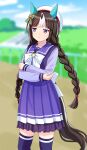  1girl abe_kanari animal_ears annoyed beret black_hair blurry blurry_background braid crossed_arms hat highres hokko_tarumae_(umamusume) horse_ears horse_girl looking_to_the_side purple_eyes school_uniform solo thighhighs tracen_school_uniform twin_braids umamusume 