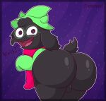  anthro backsack balls bent_over big_butt black_body bottomless bovid butt caprine clothed clothing darkner deltarune english_text eyewear floppy_ears genitals glasses goat hat headgear headwear hi_res huge_butt looking_at_viewer looking_back male mammal open_mouth question_mark ralsei robe scarf solo text tunemon undertale_(series) video_games wizard_hat 