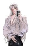  1boy alternate_costume bangs black_pants claws cowboy_shot facial_mark fingernails forehead_mark highres holding holding_phone hotaru01011 inuyasha long_hair long_sleeves looking_at_viewer male_focus pants parted_bangs pectorals phone pointy_ears puffy_long_sleeves puffy_sleeves selfie sesshoumaru sharp_fingernails shirt solo standing taking_picture white_background white_hair white_shirt yellow_eyes 