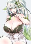 1girl absurdres aged_up alternate_breast_size bare_shoulders blush breasts cleavage cross-shaped_pupils finger_to_mouth genshin_impact green_eyes green_hair grey_background hair_ornament highres huge_breasts kurenaiz1 leaf_hair_ornament long_hair looking_at_viewer nahida_(genshin_impact) parted_lips pointy_ears ponytail shushing simple_background smile solo twitter_username white_hair 