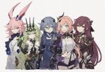  5girls animal_ears bangs black_bodysuit black_dress black_gloves black_hair black_jacket black_shorts blue_eyes bodysuit breasts claw_ring cleavage cleavage_cutout clothing_cutout crown dress earrings eden_(honkai_impact) elf elysia_(honkai_impact) elysia_(miss_pink_elf) fox_ears fu_hua fu_hua_(shadow_knight) gloves green_eyes green_hair grey_background grey_eyes grin hair_ornament headphones headphones_around_neck highres honkai_(series) honkai_impact_3rd jacket jewelry long_hair long_sleeves mobius_(honkai_impact) multiple_girls one_eye_closed open_mouth pink_hair pointy_ears ponytail purple_dress purple_eyes purple_hair sakura_(honkai_impact) shirt shorts shrug_(clothing) simple_background single_earring smile takase_(takase1214) teeth white_shirt yae_sakura yae_sakura_(goushinnso_memento) yellow_eyes 