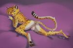  anthro balls butt cheetah felid feline genitals hair looking_at_viewer lying male mammal on_front simple_background solo temils yellow_eyes 