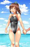  1boy 1girl abyssal_ship alternate_costume black_one-piece_swimsuit blue_sky breasts brown_eyes brown_hair cloud competition_swimsuit covered_navel cowboy_shot day enemy_naval_mine_(kancolle) feet_out_of_frame hair_ornament highres holding_hands horizon i-401_(kancolle) kantai_collection looking_at_viewer ocean one-piece_swimsuit open_mouth outdoors ponytail round_teeth sky small_breasts standing swimsuit tan tanaka_rikimaru teeth tentacles upper_teeth when_you_see_it 