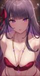  1girl absurdres bangs blunt_bangs breasts c.honey cleavage collarbone genshin_impact hair_ribbon highres jewelry large_breasts looking_at_viewer mole mole_under_eye necklace parted_lips purple_eyes purple_hair raiden_shogun ribbon signature solo wet 