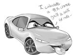  car cars_(disney) disney female half-closed_eyes hi_res living_machine looking_at_viewer machine monochrome narrowed_eyes natalie_certain open_mouth piercing pixar solo speech_bubble teasing tongue tongue_out tongue_piercing vehicle wugi 
