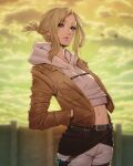  1girl annie_leonhardt bangs blonde_hair blue_eyes breasts brown_jacket chest_strap cloud cloudy_sky cowboy_shot cropped_hoodie hair_up hands_in_pockets highres hood hood_down hoodie inhoso jacket leaning_back long_sleeves looking_at_viewer medium_hair midriff navel outdoors pants parted_bangs shingeki_no_kyojin short_ponytail sidelocks sky small_breasts solo standing thigh_strap waist_sash wall web_address white_hoodie white_pants 