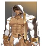  1boy abs artist_name bandaid bandaid_on_face bara bible_(object) black_hair bulge character_request closed_eyes dark-skinned_male dark_skin feet_out_of_frame gomtang hood hooded_jacket jacket jewelry large_pectorals male_focus male_underwear manly mature_male muscular muscular_male navel nipple_piercing nipples open_clothes open_jacket original pectorals piercing priest ring short_hair signature simple_background smile solo thick_arms thick_eyebrows thick_thighs thighs underwear 