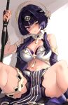  1girl absurdres bangs bare_shoulders blue_eyes blue_hair breasts candace_(genshin_impact) cleavage detached_sleeves egyptian_clothes genshin_impact hair_ornament heterochromia highres jewelry large_breasts looking_at_viewer momoru navel short_hair_with_long_locks sidelocks sitting solo thigh_strap thighs yellow_eyes 