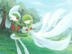  1boy 1girl artist_name bangs blue_hair blue_sky bob_cut closed_eyes cloud colored_skin commentary_request day flat_chest from_side full_body gallade gardevoir grass green_hair green_skin hair_over_one_eye hand_on_another&#039;s_cheek hand_on_another&#039;s_face hand_on_another&#039;s_waist happy highres hinata_kanata mohawk mountain multicolored_hair multicolored_skin one_eye_covered open_mouth outdoors pokemon pokemon_(creature) profile short_hair signature sky smile standing tree two-tone_hair two-tone_skin u_u white_skin 
