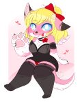  absurd_res anthro blonde_hair blue_eyes bow_ribbon canid canine canis clothed clothing dragon female flower_accessory fur hair hi_res horn hybrid legwear lingerie mammal panties pink_body pink_fur piximi roketchu solo stockings thick_thighs tongue tongue_out underwear wings wolf 