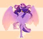  3_toes amethystdust_(character) anthro big_breasts breasts clothing curvy_figure dragon eyes_closed feathered_dragon feathered_wings feathers feet female glistening glistening_body hair hi_res horn long_hair non-mammal_breasts purple_body purple_feathers purple_hair purple_wings simple_background toes ulitochka wide_hips wings 