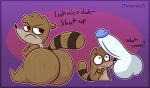  anthro balls big_butt black_eyes brown_body butt cartoon_network crossed_arms disembodied_penis duo english_text erection frown genitals hi_res huge_butt male mammal markings nude penis procyonid question_mark raccoon regular_show rigby_(regular_show) sitting striped_markings striped_tail stripes tail_markings text tunemon 