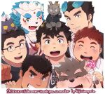  6+boys agyo_(housamo) animal_ears animal_nose aqua_fur black-framed_eyewear black_hair blue_eyes blue_fire blush body_fur border brown_fur brown_hair candy closed_eyes closed_mouth collared_shirt commentary_request creature devil_(housamo) dog_boy dog_ears english_text eyebrow_cut facial_mark fangs fangs_out fiery_hair fire food forked_eyebrows formal furry furry_male gakuran glasses goat_boy goat_horns grey_eyes grin highres hijirino_yuuta holding holding_staff horns komainu_boy komainu_ears lollipop looking_at_viewer male_focus master_5_(housamo) milestone_celebration mole mole_under_eye moritaka_(housamo) multiple_boys open_mouth rimless_eyewear ryota_(housamo) salomon_(housamo) scar scar_on_cheek scar_on_face school_uniform shiro_(housamo) shirt short_hair smile snout staff suit swirl_lollipop thick_eyebrows toji_(housamo) tokyo_afterschool_summoners upper_body white_background white_border white_fur 