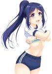  1girl blue_buruma blue_hair bra bra_peek buruma commentary cowboy_shot crossed_arms d: dark_blue_hair green_bra gym_shirt gym_uniform highres hino_minato_(spec.c) linea_alba long_hair looking_at_viewer love_live! love_live!_sunshine!! matsuura_kanan navel open_mouth ponytail purple_eyes shirt sidelocks simple_background solo surprised sweatdrop tareme underwear undressing white_background white_shirt 