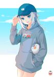  1girl adjusting_clothes adjusting_headwear animal bangs baseball_cap bird blue_hair blue_headwear blue_sky blunt_bangs cloud gawr_gura grey_hoodie hand_in_pocket hat highres holding holding_animal holding_bird hololive hololive_english hood hood_down hoodie kamui_(kamuikaoru) letterboxed long_hair long_sleeves looking_at_viewer multicolored_hair no_pants open_mouth penguin sharp_teeth short_ponytail sidelocks sky smile solo streaked_hair teeth virtual_youtuber white_hair 