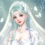  1girl absurdres artist_request blue_hair braid bug butterfly closed_mouth douluo_dalu dress glitter hair_ornament highres jewelry light long_hair necklace portrait second-party_source smile solo tang_wutong_(douluo_dalu) veil white_dress 