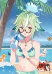  2girls absurdres animal_ears asanohara_(user_yjmr2387) baron_bunny_(genshin_impact) bikini breasts dodoco_(genshin_impact) fox_ears genshin_impact glasses green_bikini green_hair highres medium_breasts multicolored_hair multiple_girls navel open_mouth orange_juice paimon_(genshin_impact) pool semi-rimless_eyewear short_hair stomach streaked_hair sucrose_(genshin_impact) swimsuit white_hair yellow_eyes 