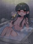  1girl @_@ alcohol bangs bath bathing bathtub black_hair blunt_bangs blush breasts can completely_nude convenient_censoring drooling glasses hair_censor highres holding holding_can indoors large_breasts long_hair messy_hair mouth_drool nude original parted_lips partially_submerged red_eyes sidelocks sitting solo steam water wet yasashii_naizou 